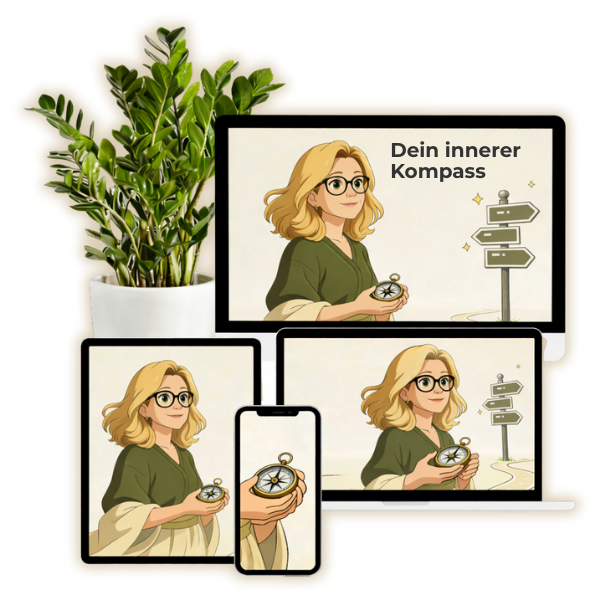 Illustration einer Frau mit Kompass vor Wegweisern, dargestellt auf Laptop, Tablet und Smartphone – Symbol für innere Orientierung und klare Ausrichtung.