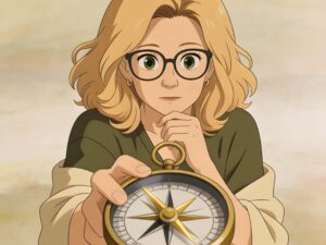 Einer Frau betrachtet nachdenklich einen Kompass. Im Kompass sind zwei gleichwertige goldene Nadeln zu sehen, die in unterschiedliche Richtungen zeigen und für inneres Abwägen bei einer Entscheidung stehen.