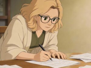 Illustration einer Frau im Ghibli-Stil, die konzentriert an einem Tisch schreibt. Ihre Haltung wirkt angespannt, der Blick fokussiert, die Schultern leicht hochgezogen – ein Moment intensiver Arbeit, in dem die Leichtigkeit bereits verloren geht.