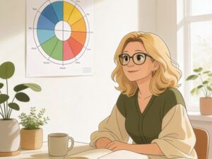 Eine blonde Frau sitzt ruhig an einem Holztisch. An der Wand hängt ein mehrfarbiges Lebensrad mit acht unterteilten Bereichen.