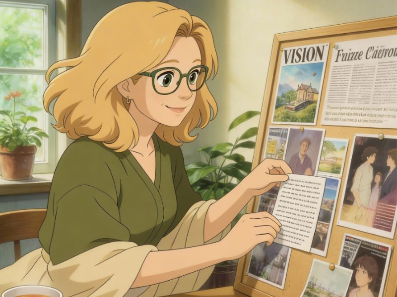 Frau gestaltet ein Vision Board mit Bildern und Schere, sonniger Raum mit Pflanzen, Ghibli-Stil, ruhige kreative Atmosphäre