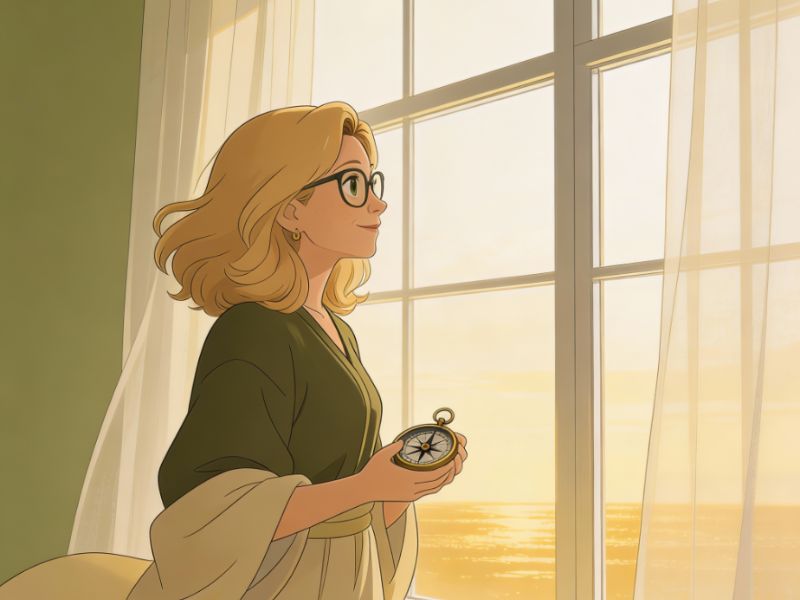 Frau steht seitlich an einem großen Fenster und blickt in die Weite. In der Hand hält sie einen Kompass. Der Blick geht über eine goldene, sonnendurchflutete Landschaft. Leichte, transparente Vorhänge rahmen das Bild.