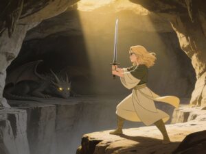 Frau mit erhobenem Schwert steht am Rand einer Höhle einem Drachen gegenüber – Symbol für innere Konfrontation auf der Heldenreise