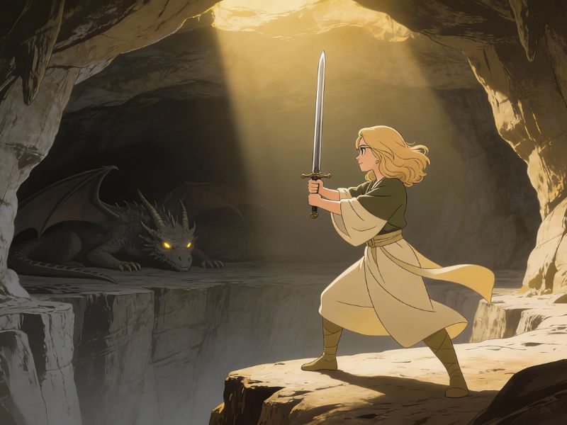 Frau mit erhobenem Schwert steht am Rand einer Höhle einem Drachen gegenüber – Symbol für innere Konfrontation auf der Heldenreise