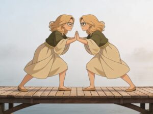 Frau lehnt sich innerlich gegen sich selbst – als Symbol für inneren Widerstand. Illustration zum Blogartikel: Hör auf, gegen dich selbst zu kämpfen.