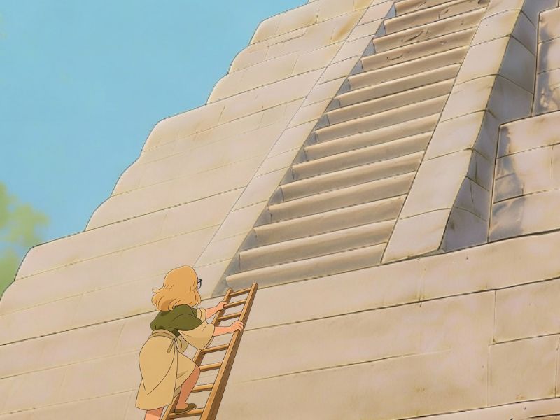 Kleine Schritte. Frau steigt mit Hilfe einer kleinen Leiter auf die erste hohe Stufe einer Pyramide mit steiler Treppe.