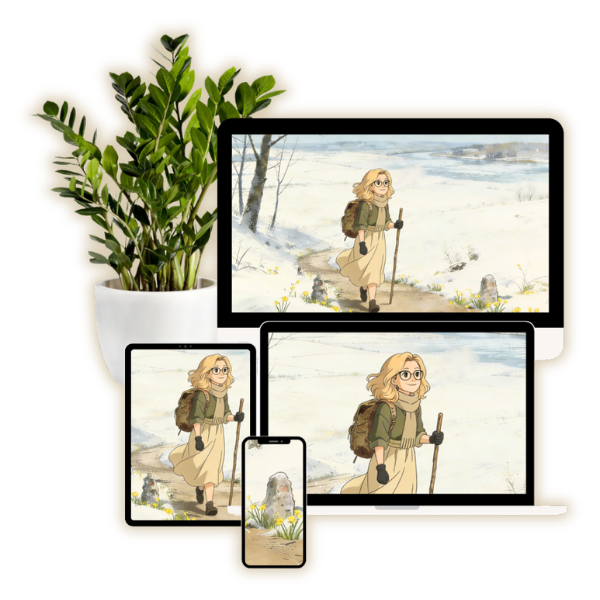 Illustration einer Frau mit Rucksack und Wanderstab, die im Winter einen verschneiten Weg entlanggeht; im Vordergrund ein Meilenstein im Schnee.