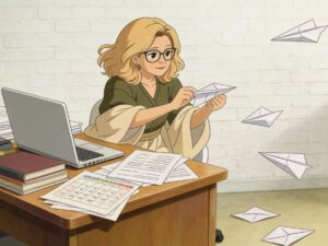 Prokrastination. Frau sitzt am Schreibtisch mit Laptop, Büchern und Kalender und faltet Papierflieger aus Arbeitsunterlagen.