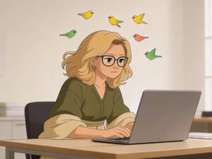 Ruhe im Kopf. Frau sitzt am Schreibtisch vor einem Laptop, versucht sich zu konzentrieren, während bunte Vögel als Gedanken um ihren Kopf kreisen.